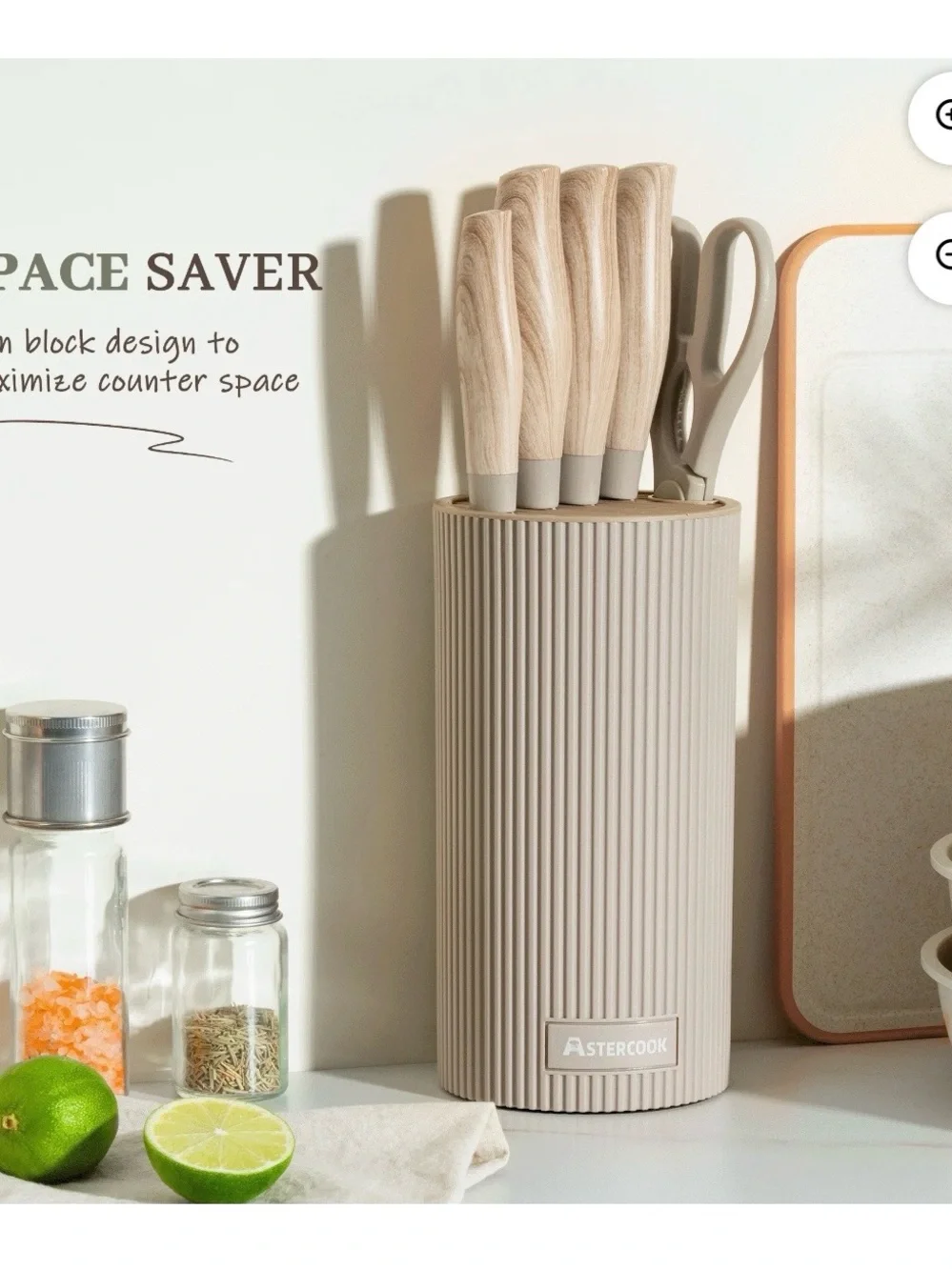 6-Piece Knife Set with Beige Wood-Effect Handles and Ribbed Block